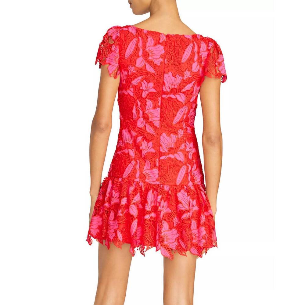 NEW MONIQUE LHUILLIER flutter sleeve fit and flare mini dress in pink and red - Picture 3 of 4